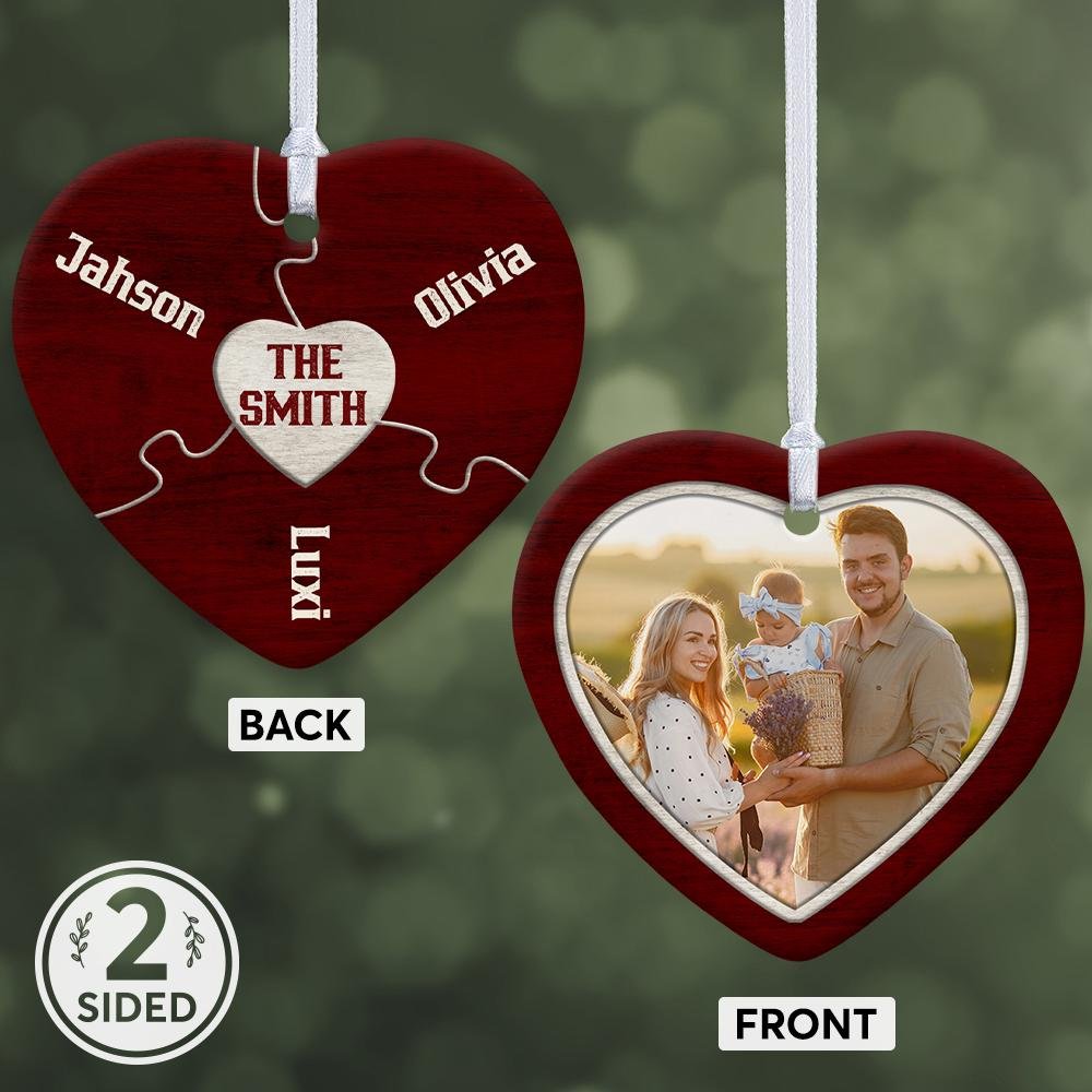 Custom Photo Family Name Decorative Christmas Heart Ornament 2 Sided