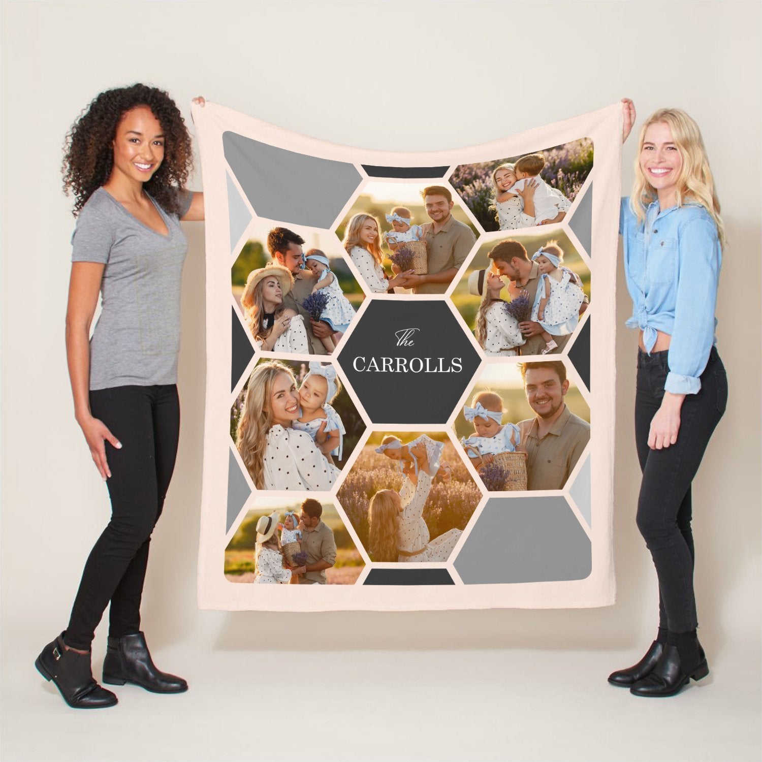 Custom Photo Hexagon, 8 Pictures, Personalized Family Name Blanket