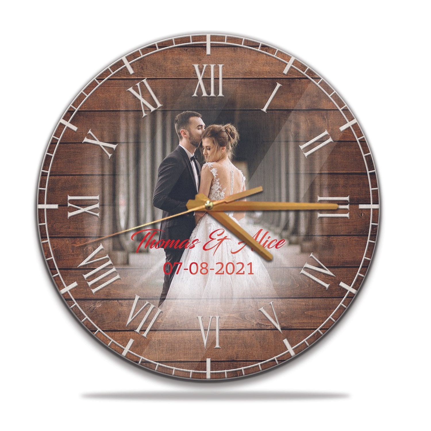 Custom Photo, Personalized Name, Date, Wood Background, Wall Clock