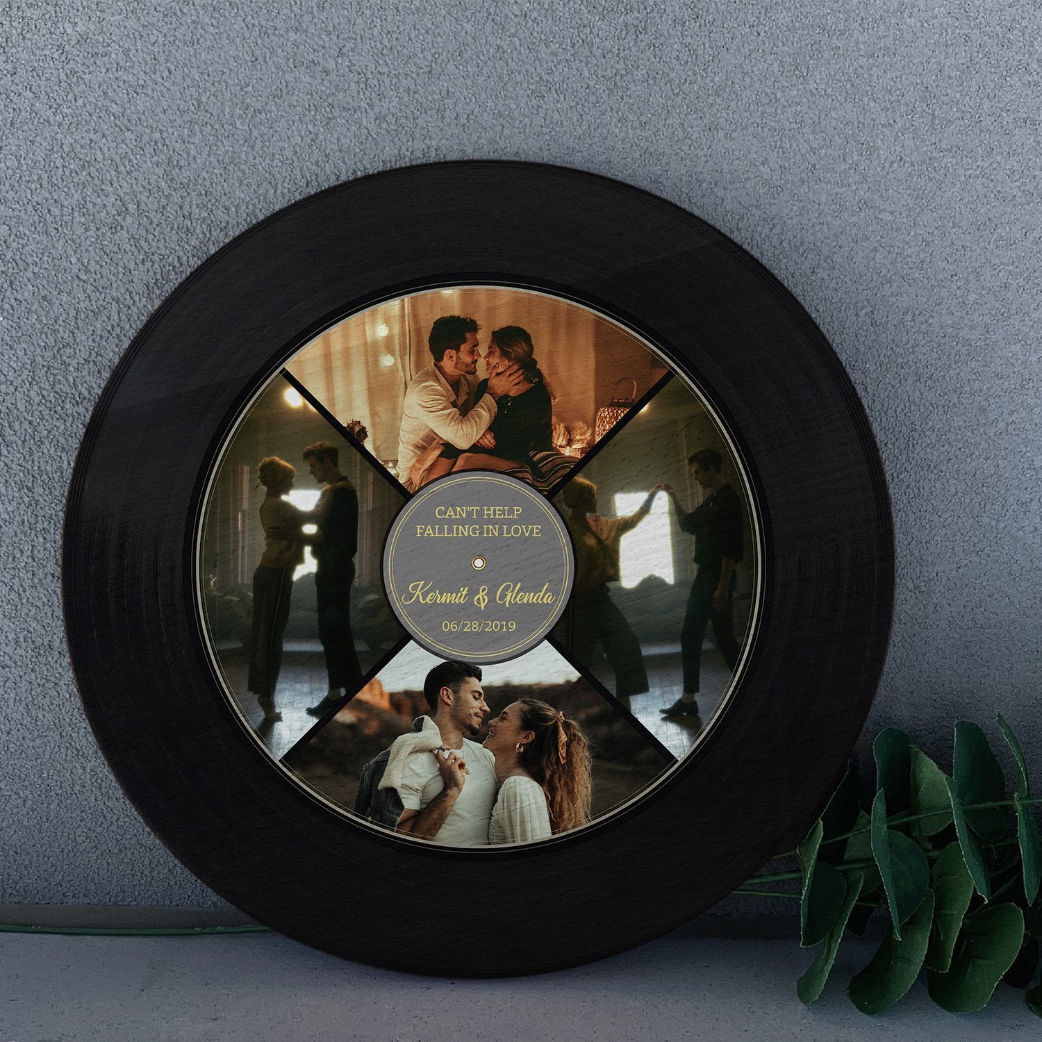 Custom Photo Vinyl Record, Personalized Name And Text, 4 Photos, Round Wood Sign