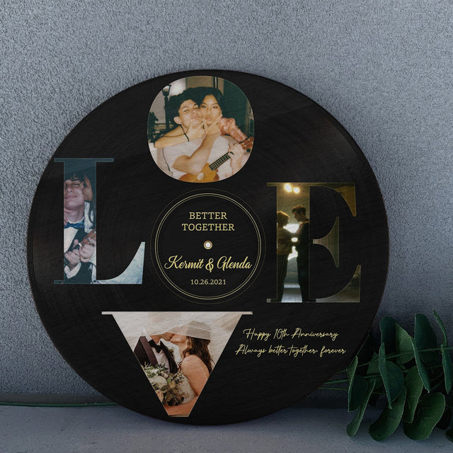 Custom Photo Vinyl Record, Personalized Name And Text, Love, Round Wood Sign