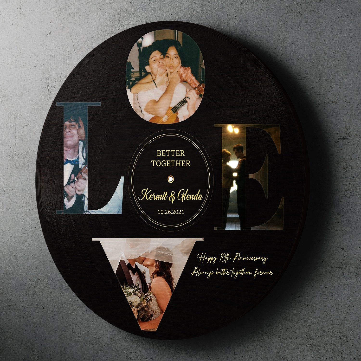 Custom Photo Vinyl Record, Personalized Name And Text, Love, Round Wood Sign