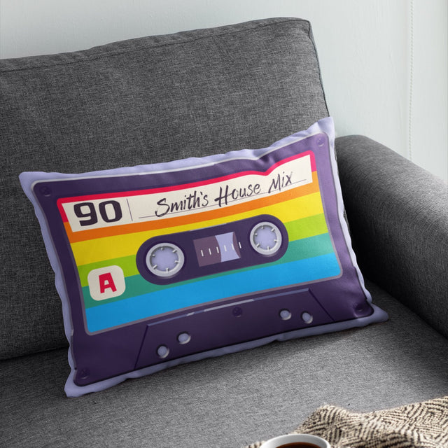 Custom Pillow, Personalized Name, Cassette, Rainbow Style