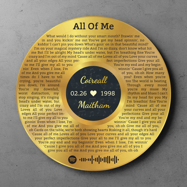 Custom Round Sign, Personalized Song Lyrics And Text, Vinyl Record Art, Gold Style