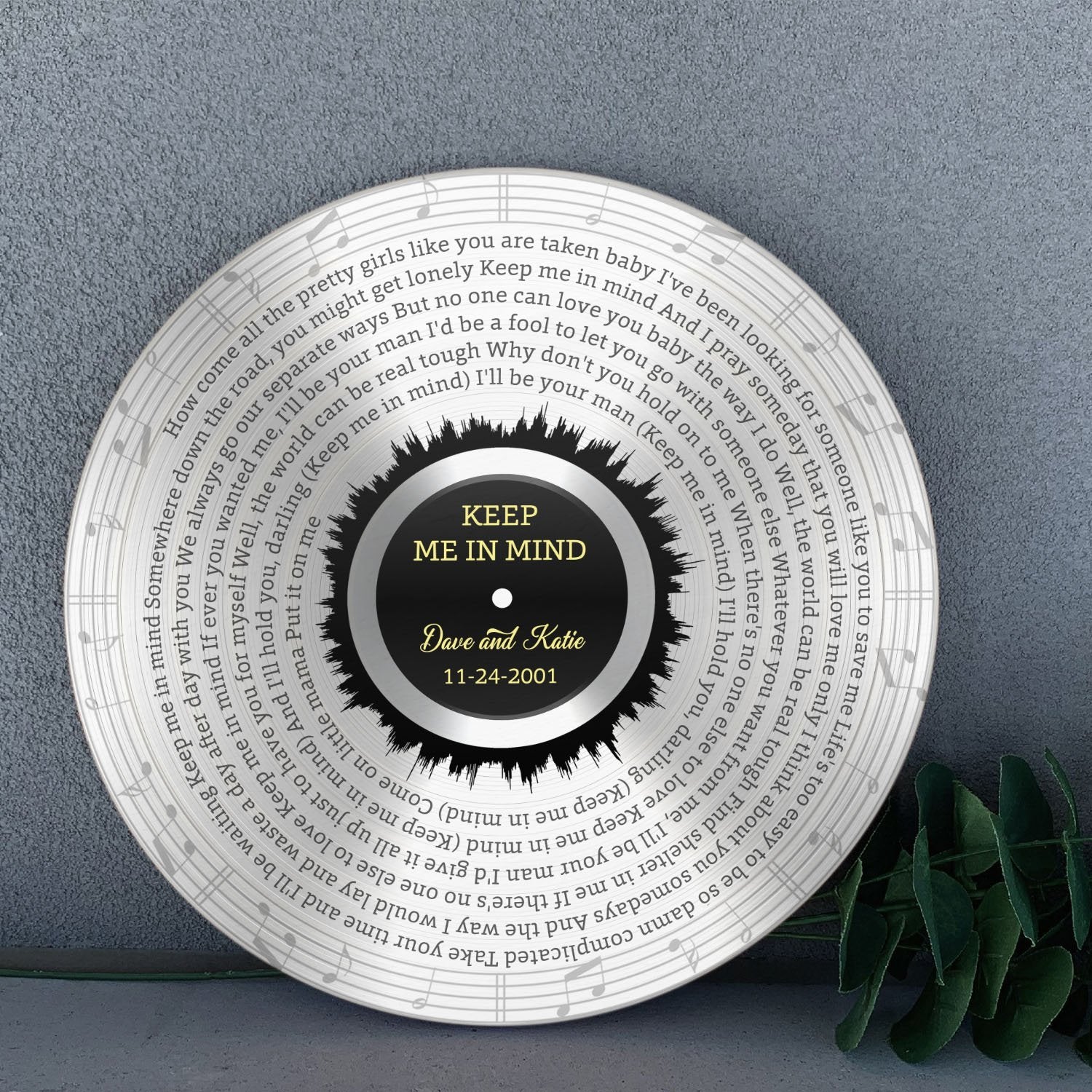 Custom Round Sign, Personalized Song Lyrics And Text, Vinyl Record Art, Silver Style