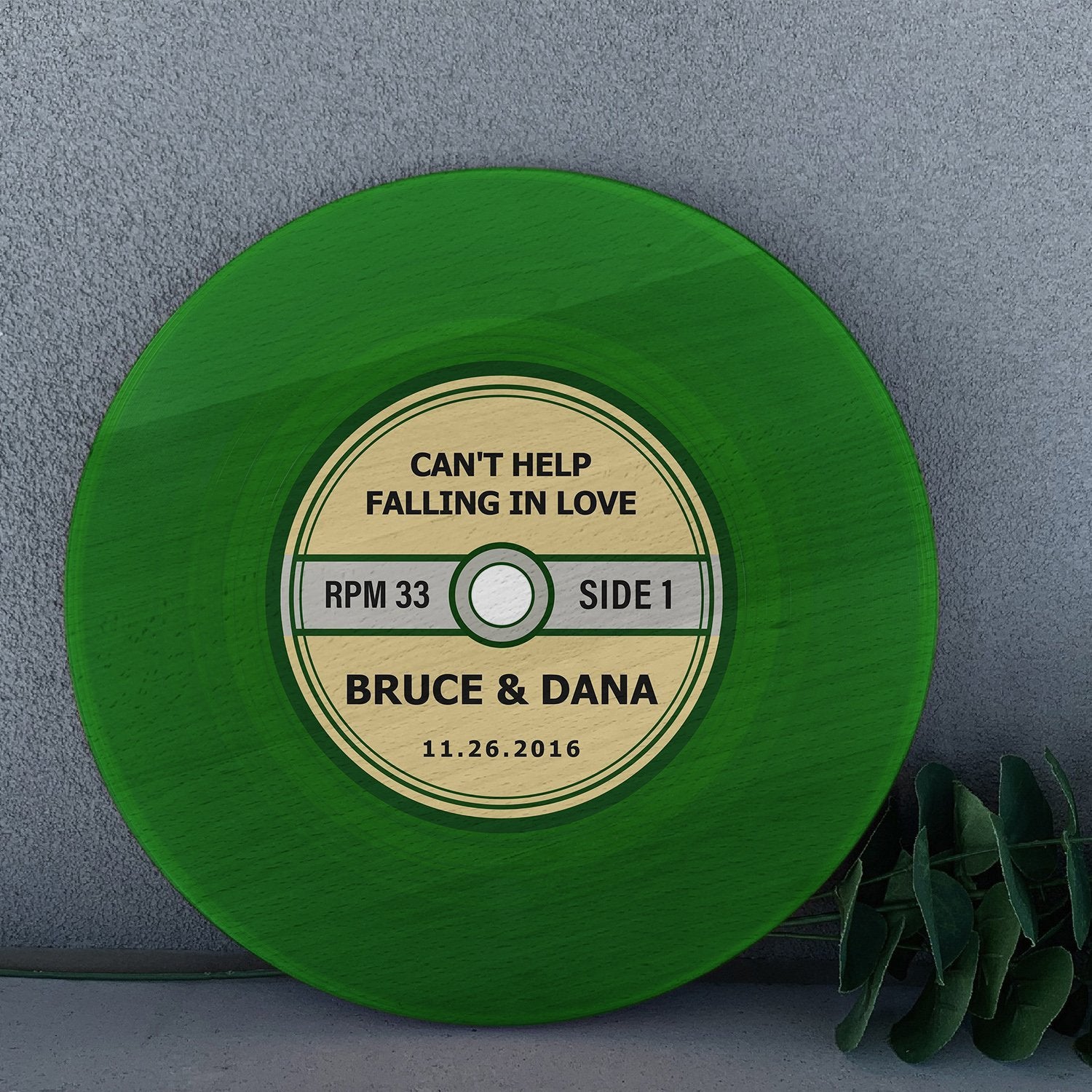 Custom Round Wood Sign, Green Vinyl Record, Personalized Name And Text