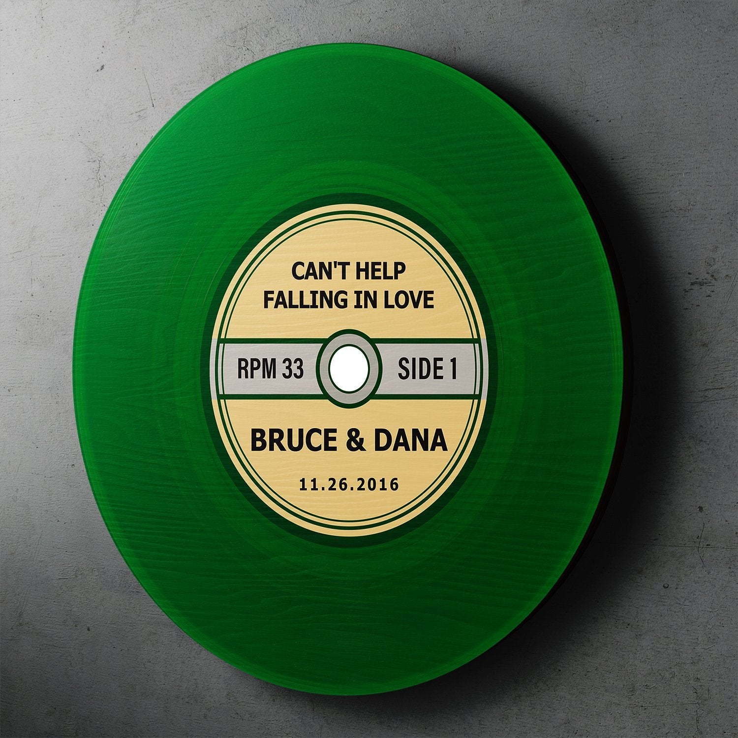 Custom Round Wood Sign, Green Vinyl Record, Personalized Name And Text