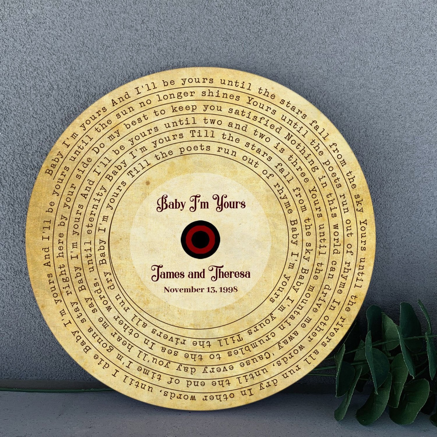 Custom Song Lyrics And Personalized Text, Vinyl Record Art, Round Wood Sign