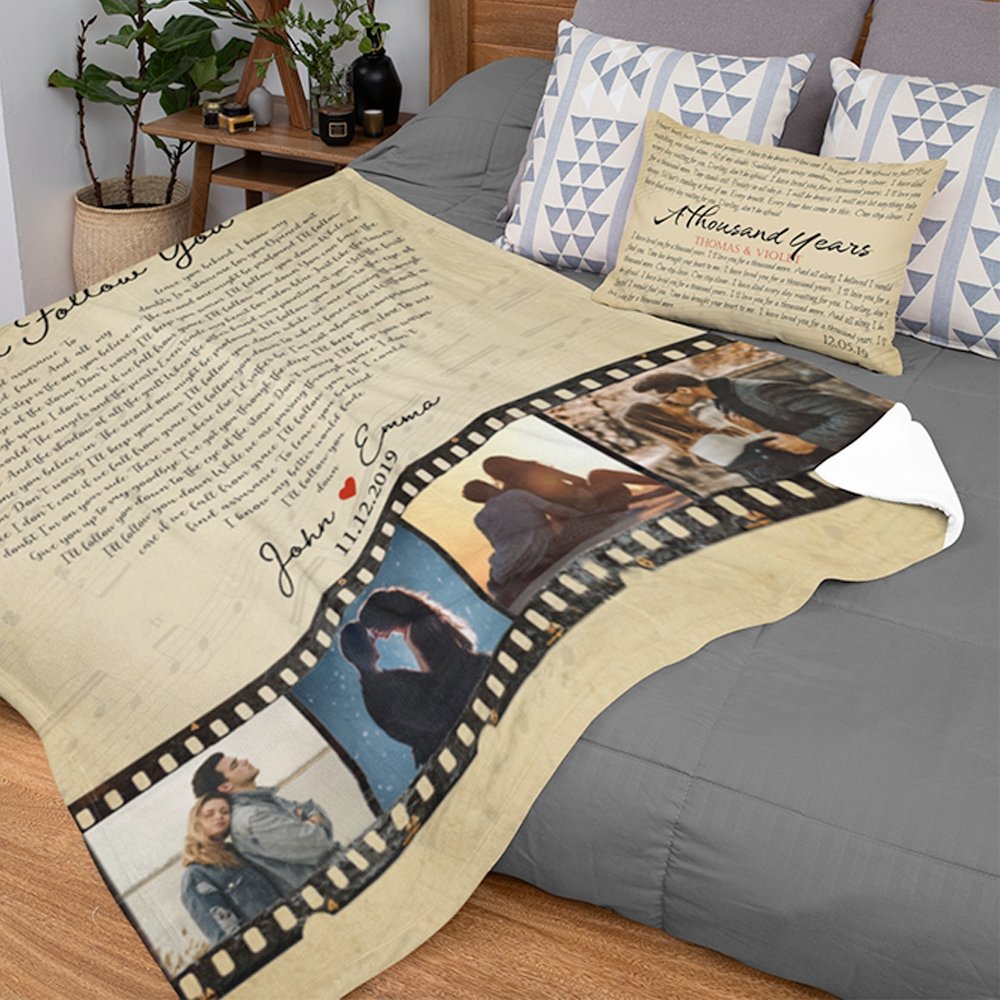 Custom Song Lyrics Heart Shape, Photo Collage On Roll Film, 4 Pictures Blanket