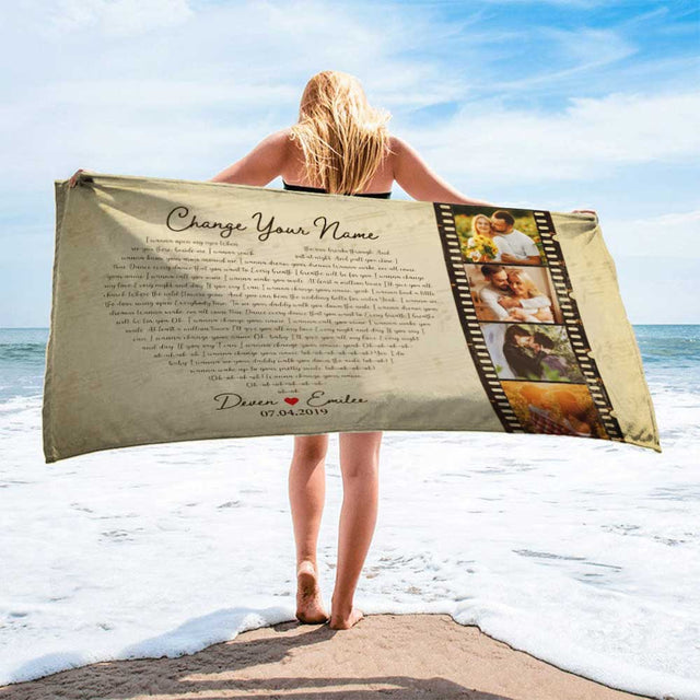 Custom Song Lyrics Heart Shape, Photo Collage On Roll Film, 4 Pictures Towel