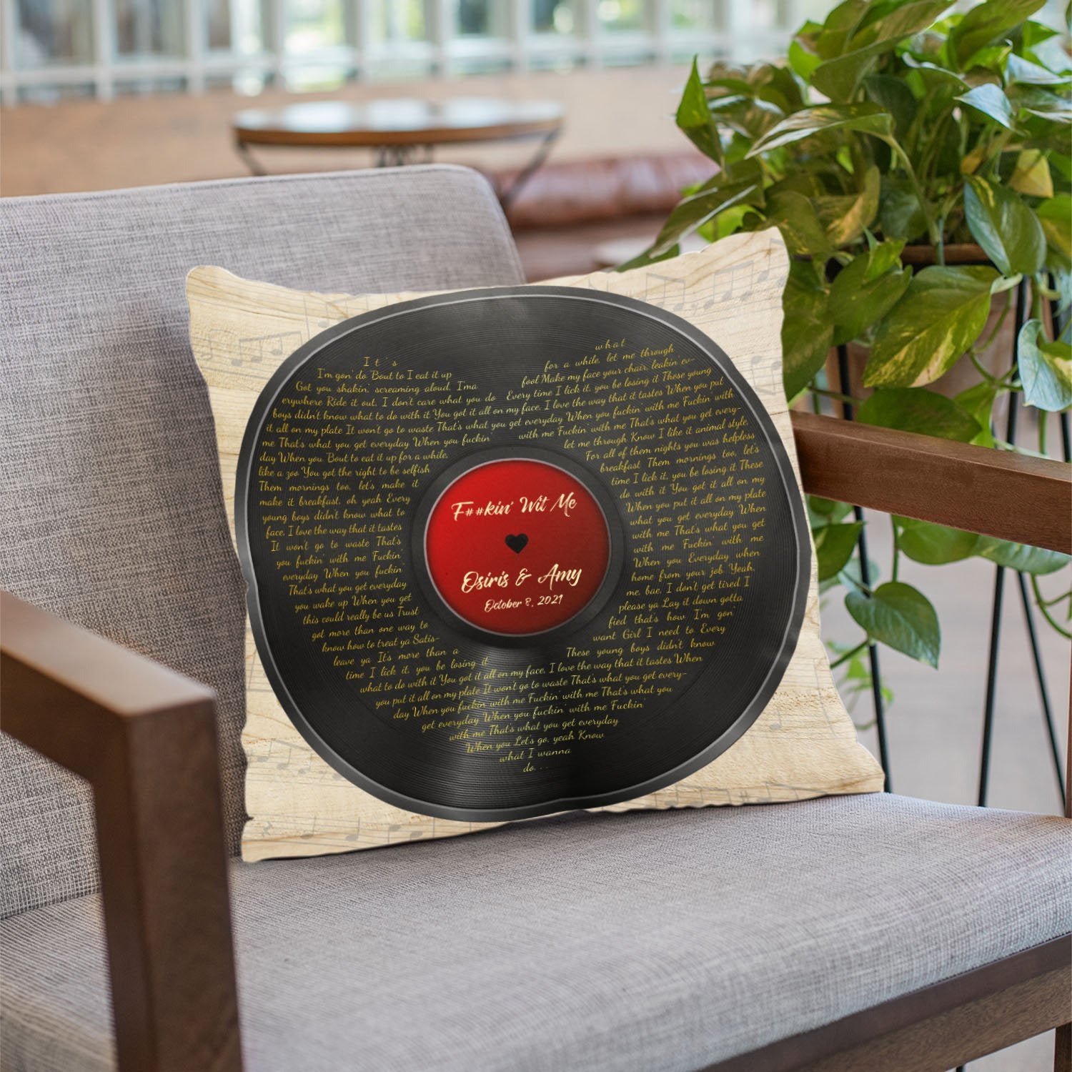 Custom Song Lyrics, Heart Shape, Vinyl Record, Personalized Song Name And Text, Pillow
