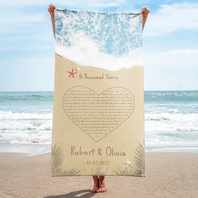 Custom Song Lyrics in The Sand Beach, Heart Shape, Personalized Name and Date Towel