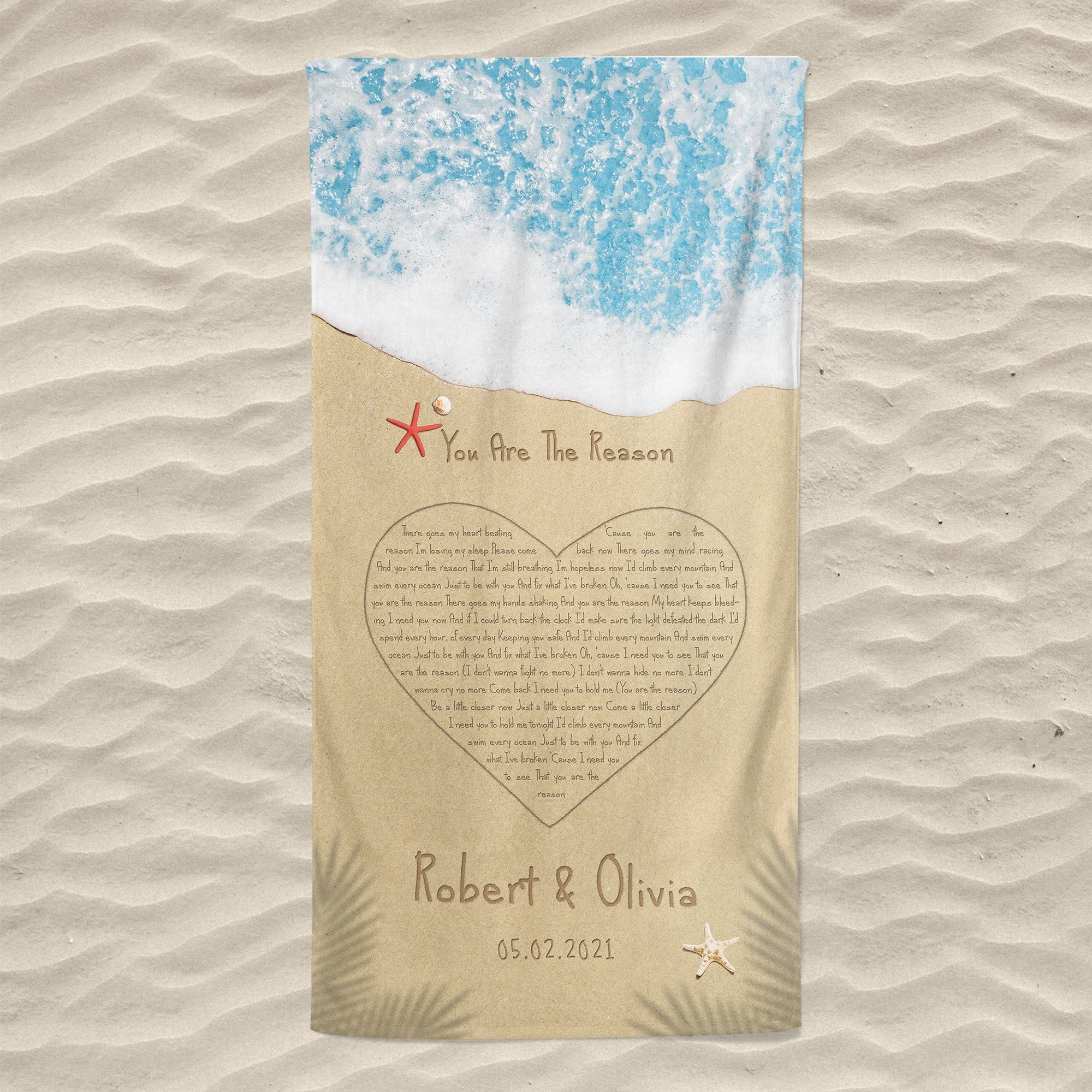 Custom Song Lyrics in The Sand Beach, Heart Shape, Personalized Name and Date Towel