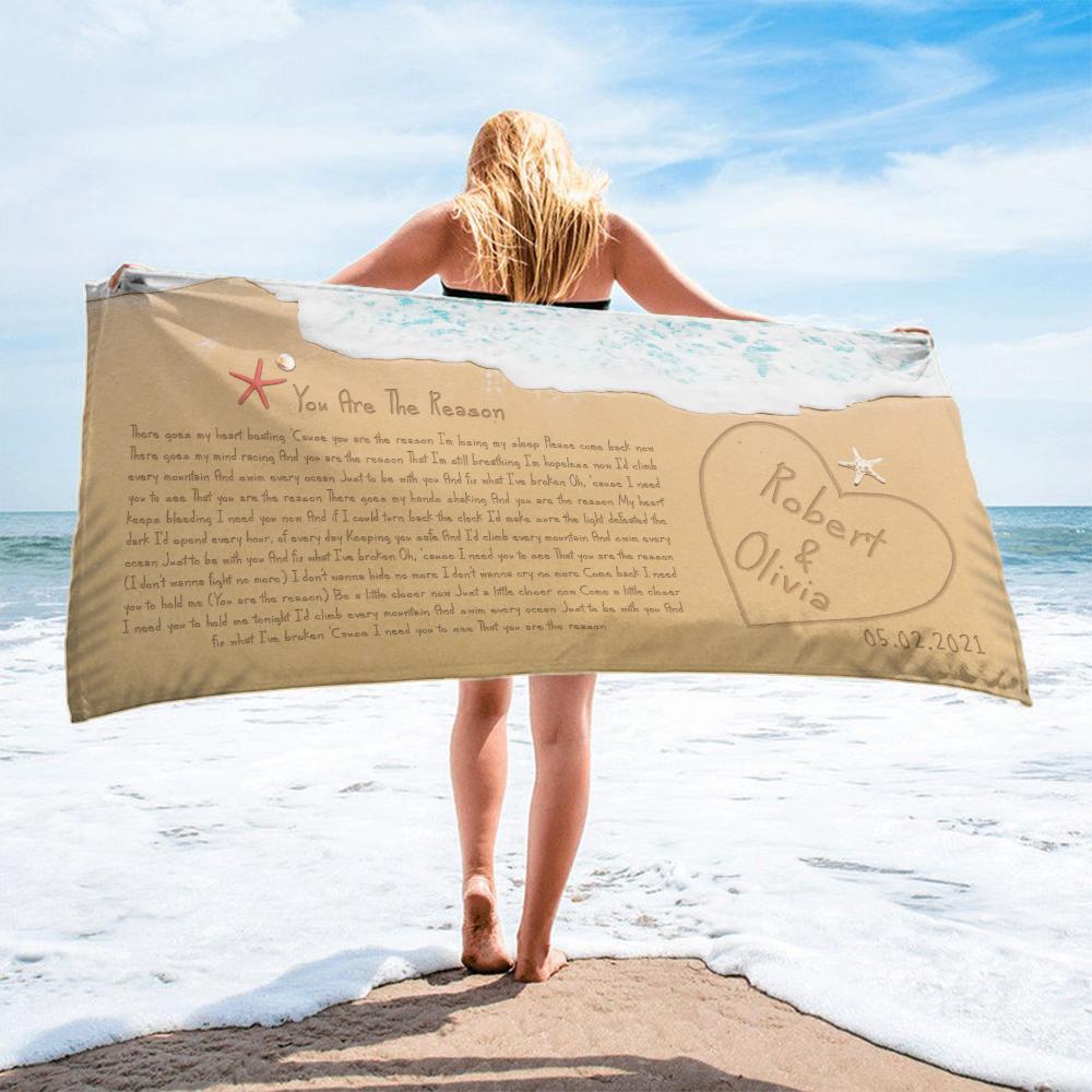 Custom Song Lyrics in The Sand Ocean, Custom Name and Date Towel