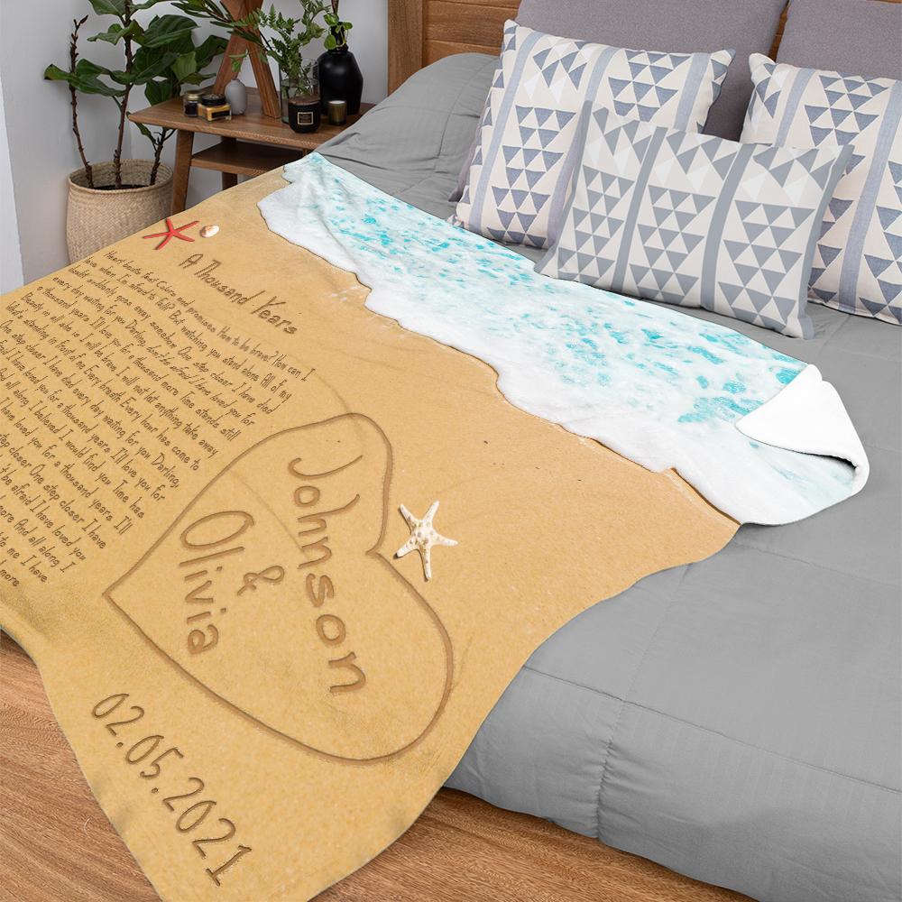 Custom Song Lyrics in The Sand Ocean, Personalized Name and Date Blanket