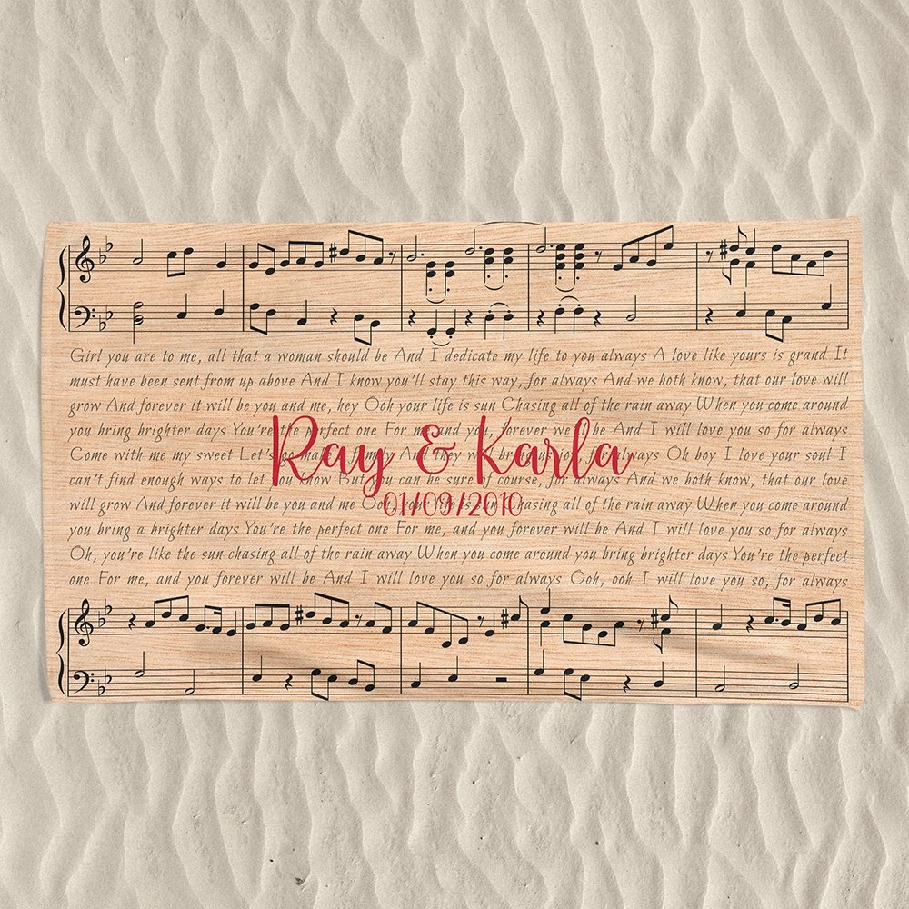 Custom Song Lyrics On Sheet Music, Personalized Text Light Wood Background Towel