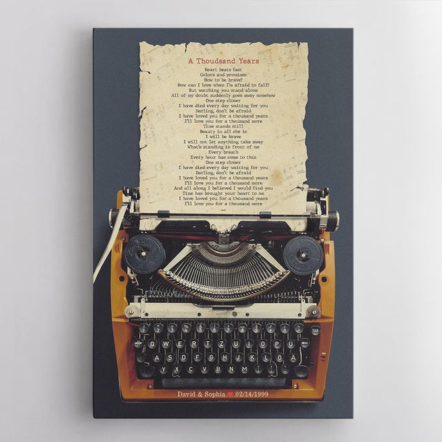 Custom Song Lyrics, Personalized Name And Date, Typewriter Canvas Wall Art
