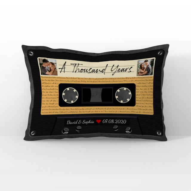 Custom Song Lyrics, Personalized Text And Upload Photo, Black Cassette Tape Pillow