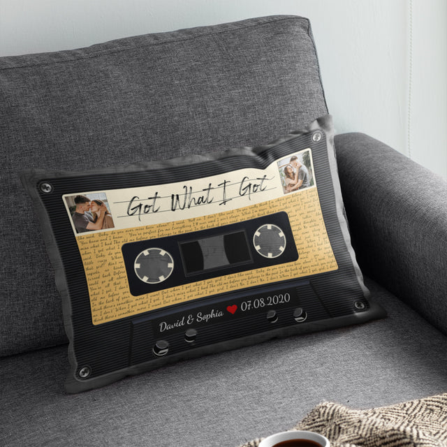 Custom Song Lyrics, Personalized Text And Upload Photo, Black Cassette Tape Pillow