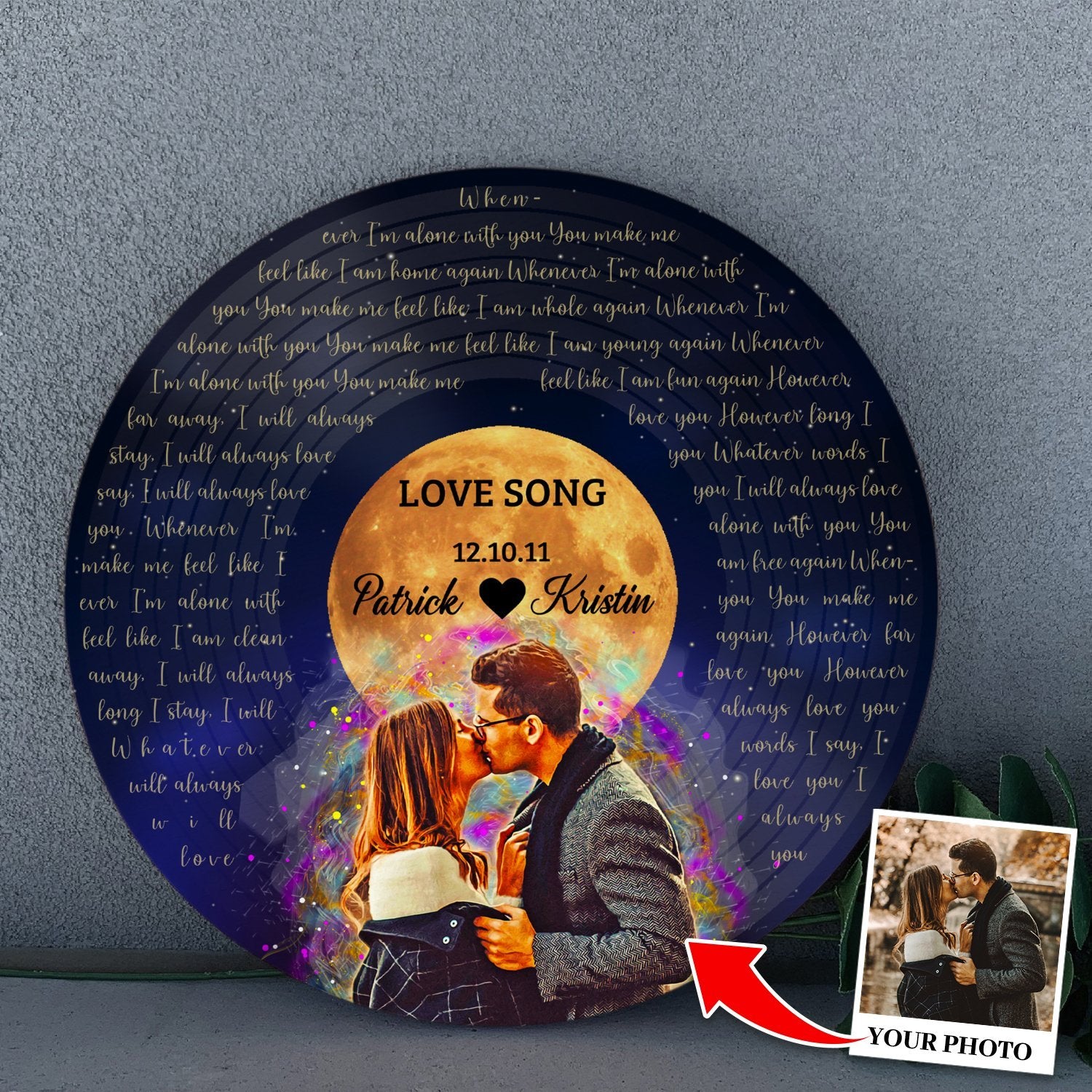 Custom Song Lyrics, Portrait From Photo, Star Wave Style, Personalized Song Name And Text Round Wood Sign