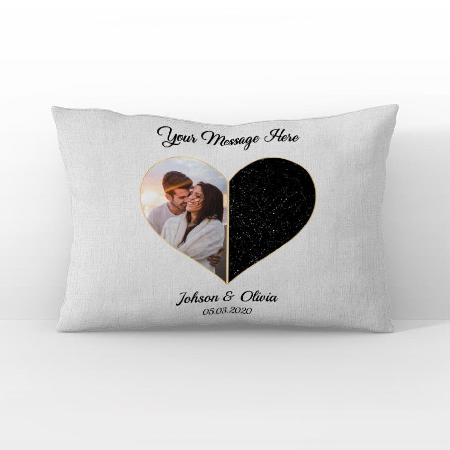 Custom Star Map And Photo 2 In 1 Heart Art, Personalized Text Pillow