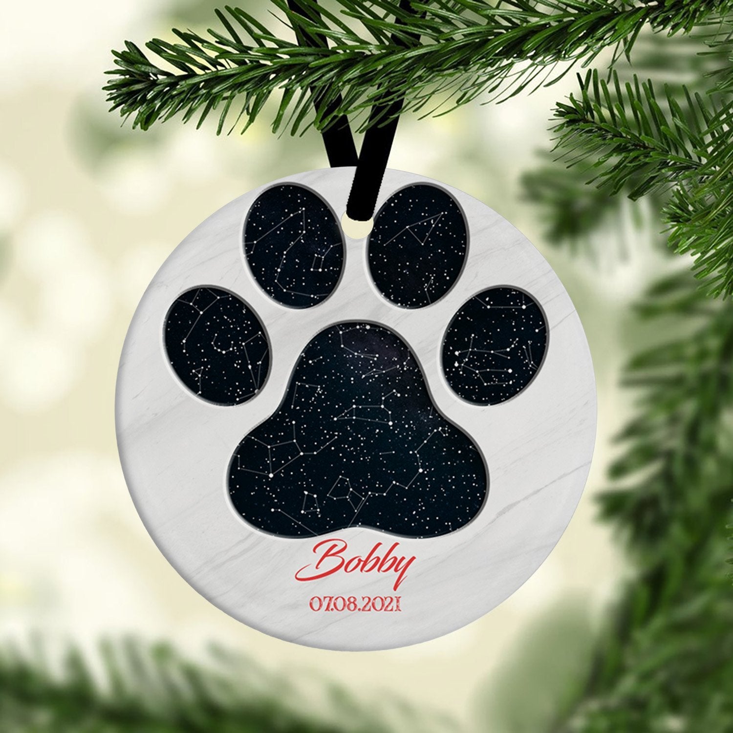 Custom Star Map Christmas Circle Ornament 2 Sided, Dog Paw