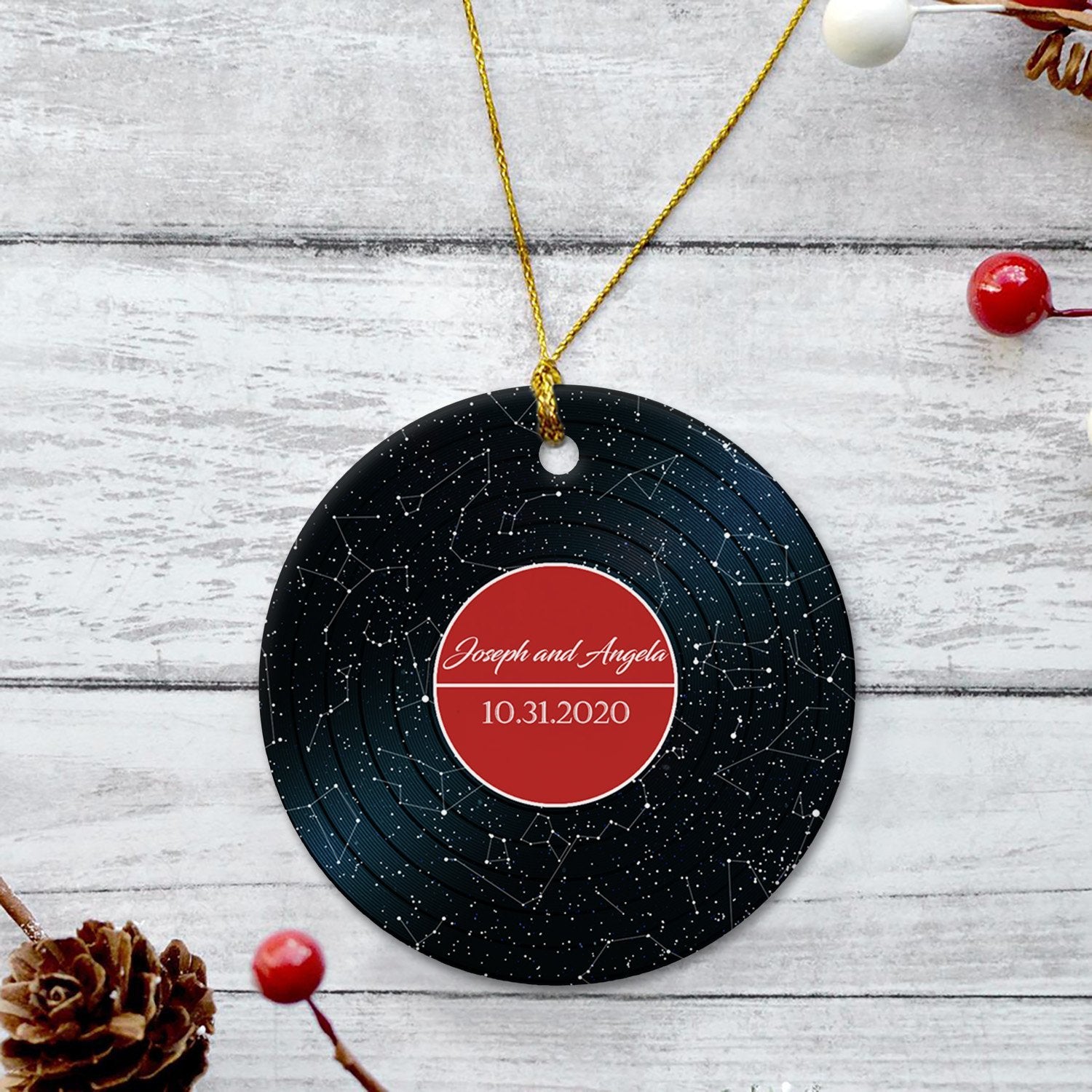 Custom Star Map Christmas Circle Ornament 2 Sided, Personalized Name And Date, Vinyl Record