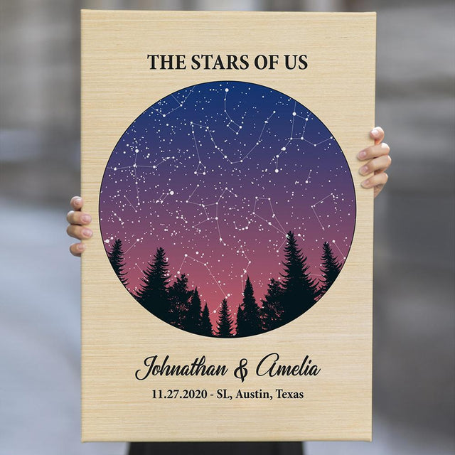 Custom Star Map Couples Wedding, Engagement Gifts Light Wood Background Canvas SM53