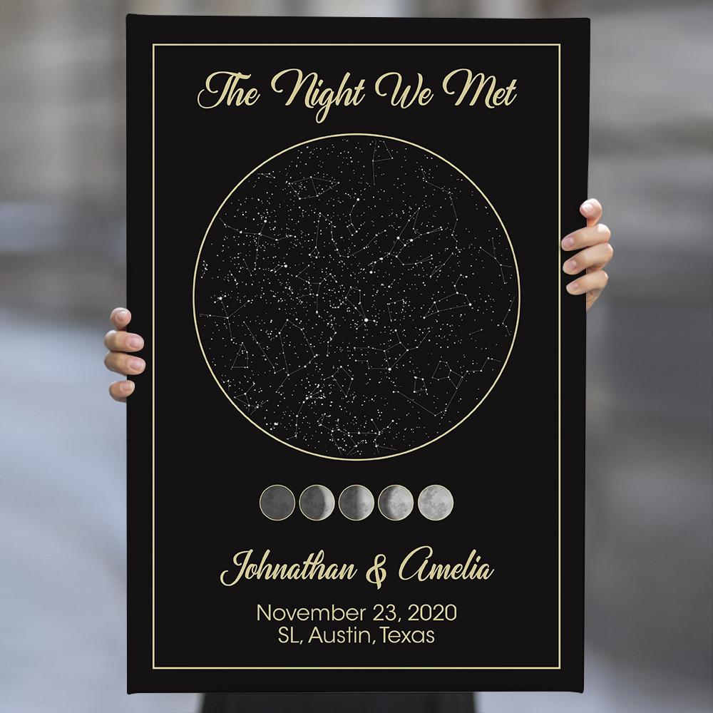 Custom Star Map, Personalized Night Sky And Text, Anniversary Gift Black Background Canvas