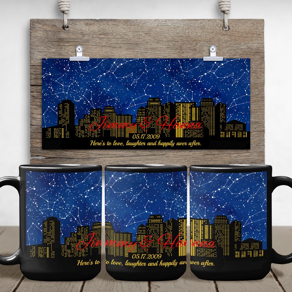 Custom Star Map, Personalized Night Sky And Text City Background Black Mug