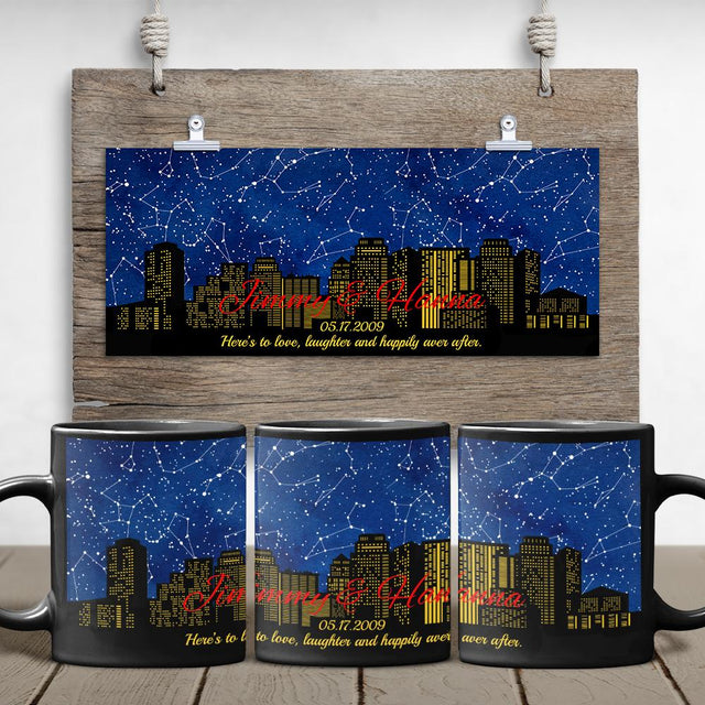 Custom Star Map, Personalized Night Sky And Text City Background Black Mug