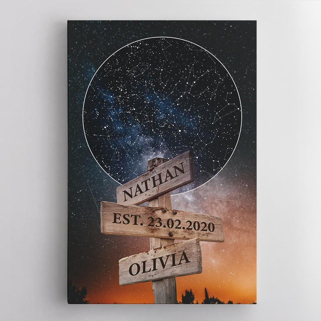 Custom Star Map, Personalized Night Sky And Text Street Sign Black Background Canvas