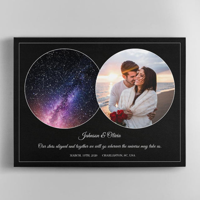 Custom Star Map, Personalized Night Sky, Photo And Text Black Background Canvas