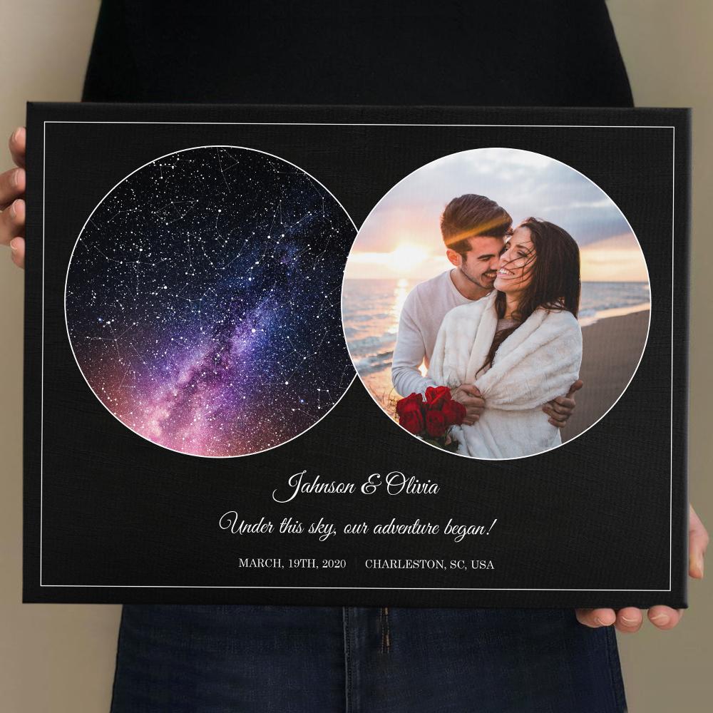 Custom Star Map, Personalized Night Sky, Photo And Text Black Background Canvas