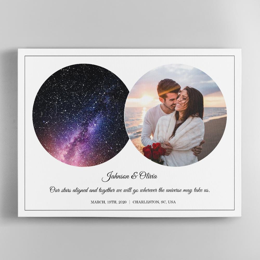 Custom Star Map, Personalized Night Sky, Photo And Text White Background Canvas