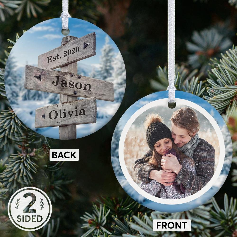 Custom Street Sign Custom Photo, Date And Text Decorative Christmas Circle Ornament 2 Sided