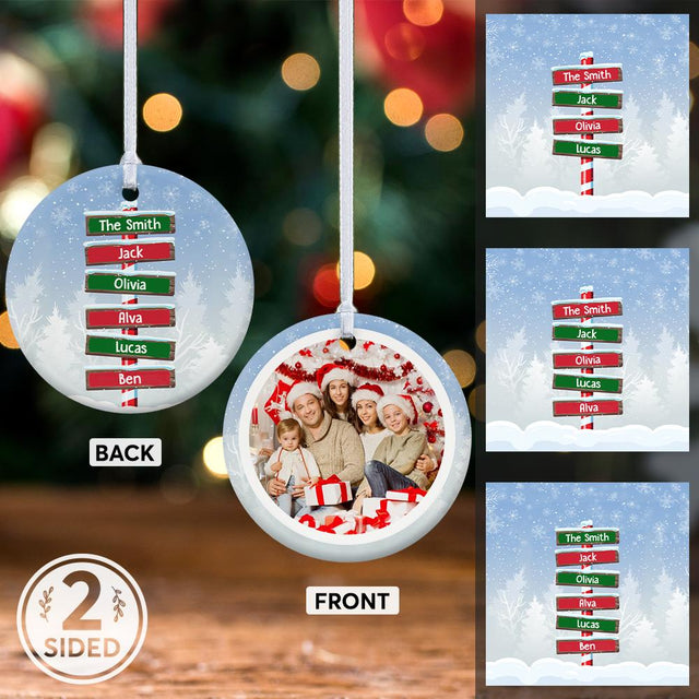 Custom Street Sign Family Custom Photo And Text Decorative Christmas Circle Ornament 2 Sided