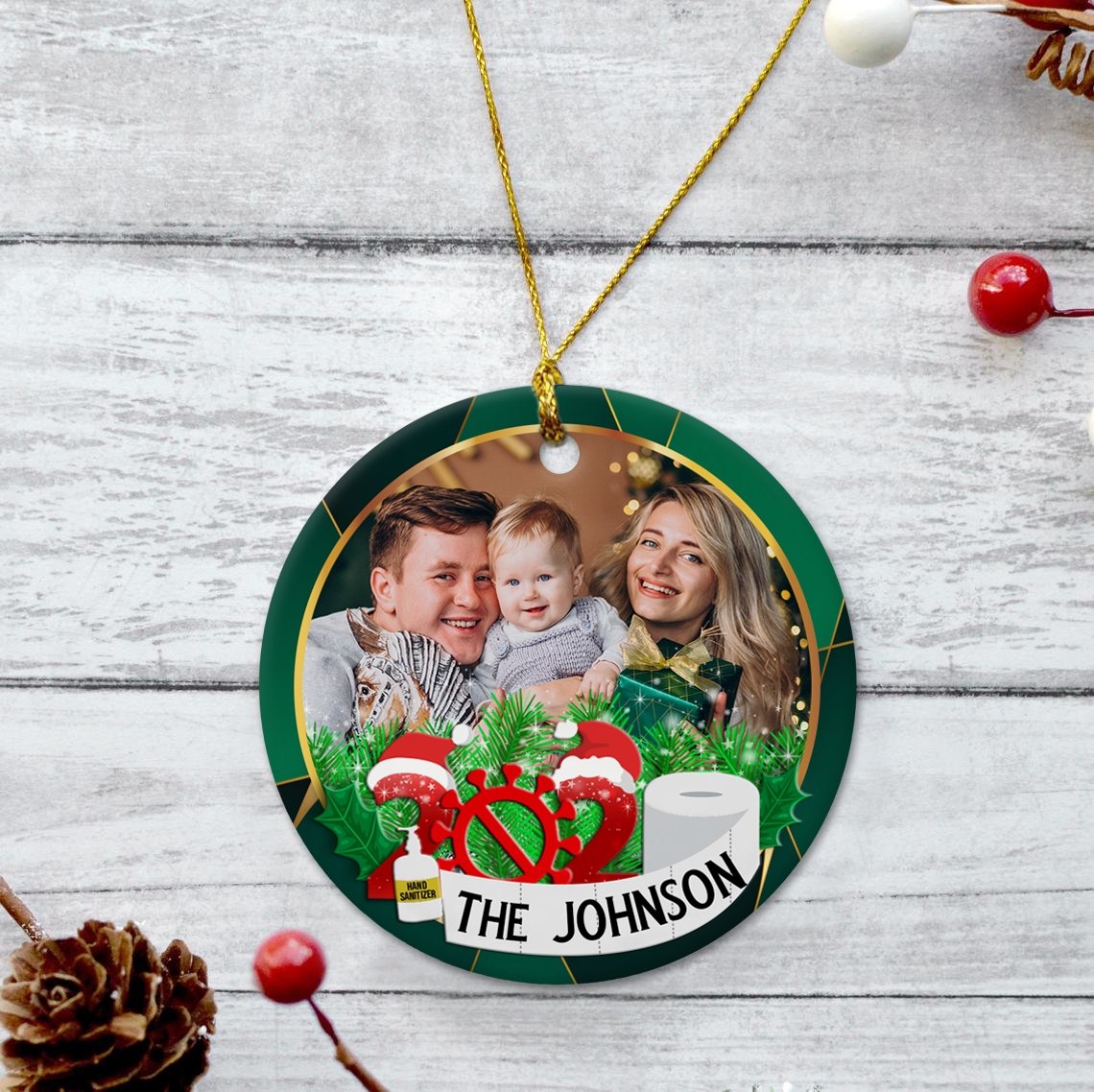 Custom Upload Photo And Family Name 2020 Gold Green Background Decorative Christmas Circle Ornament 2 Sided