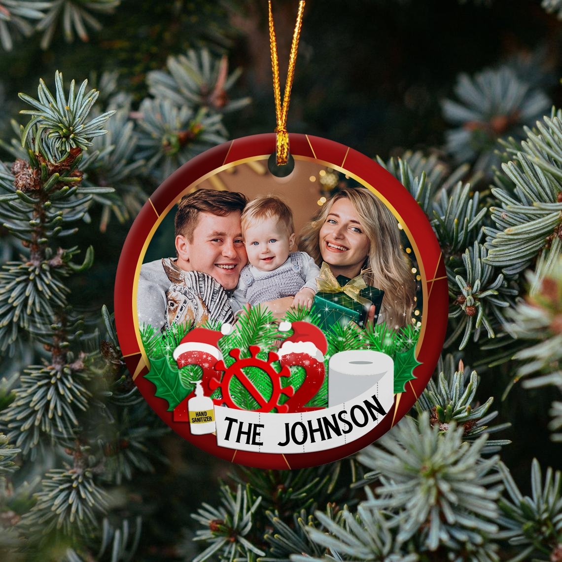 Custom Upload Photo And Family Name 2020 Gold Red Background Decorative Christmas Circle Ornament 2 Sided