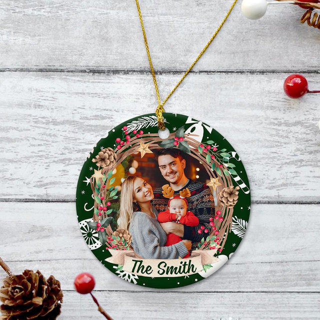 Custom Upload Photo And Family Name Green Background Decorative Christmas Circle Ornament 2 Sided