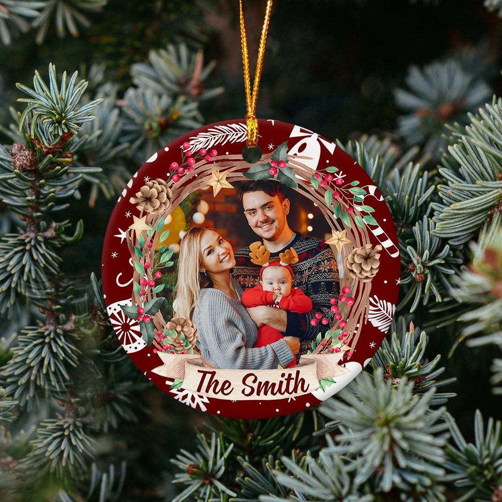 Custom Upload Photo And Family Name Red Background Decorative Christmas Circle Ornament 2 Sided