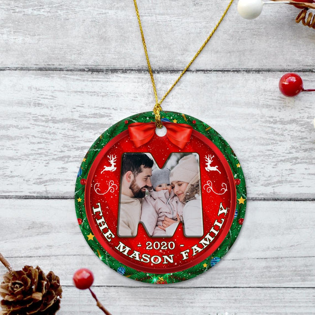Custom Upload Photo On Family Name Decorative Christmas Circle Ornament 2 Sided