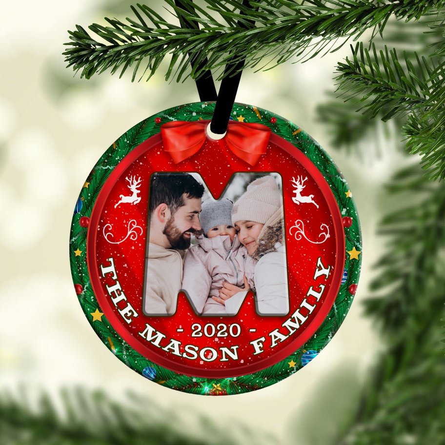 Custom Upload Photo On Family Name Decorative Christmas Circle Ornament 2 Sided