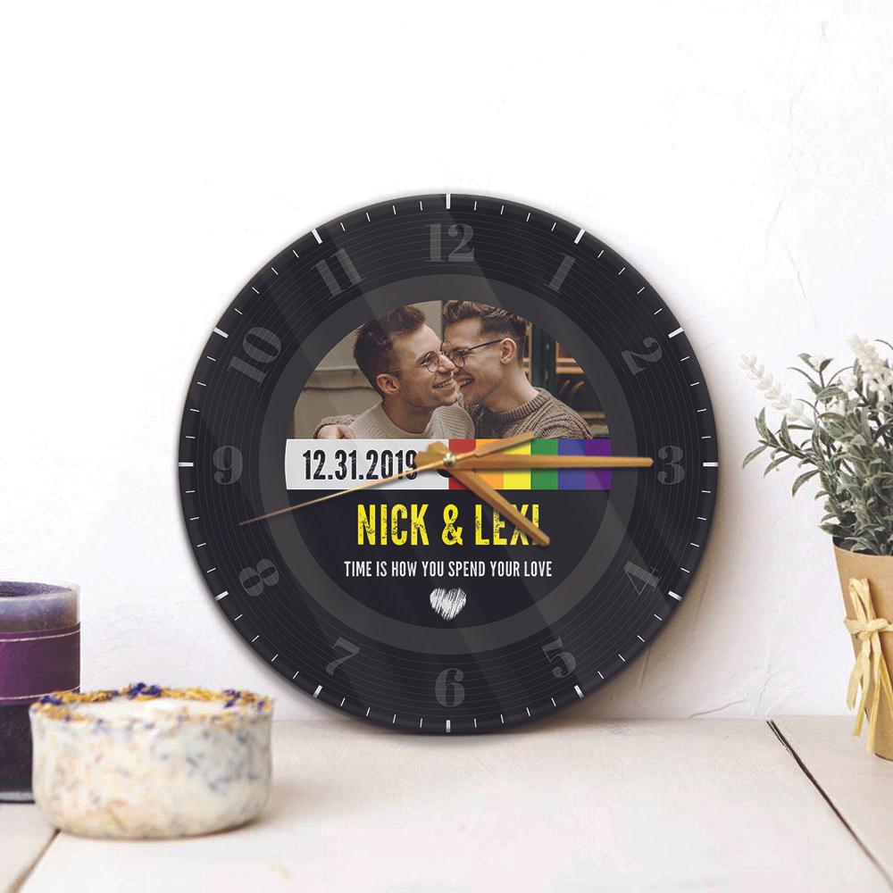 Custom Wall Clock, Personalized Name And Photo, Rainbow Stripes