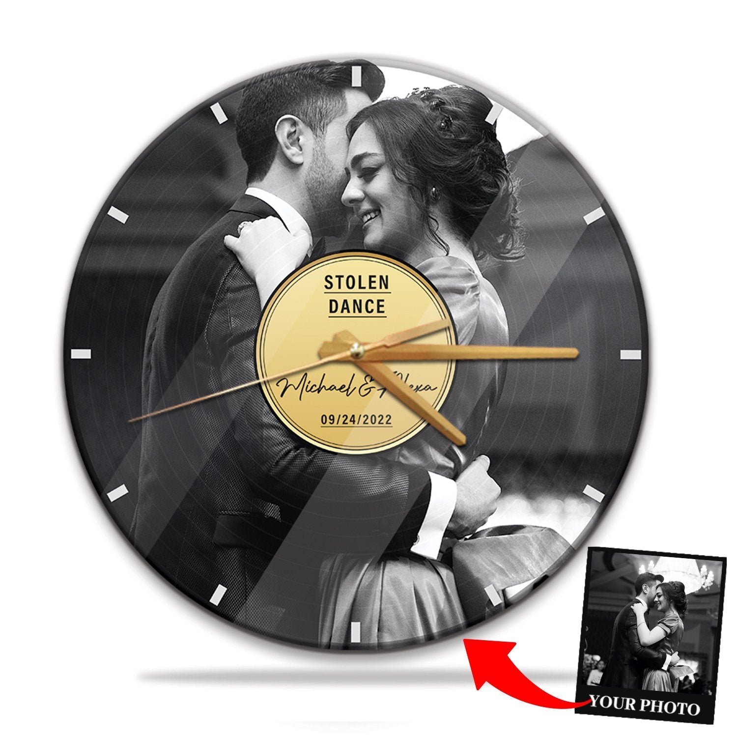 Custom Wall Clock, Personalized Photo, Black & White Style, Personalized Name And Text