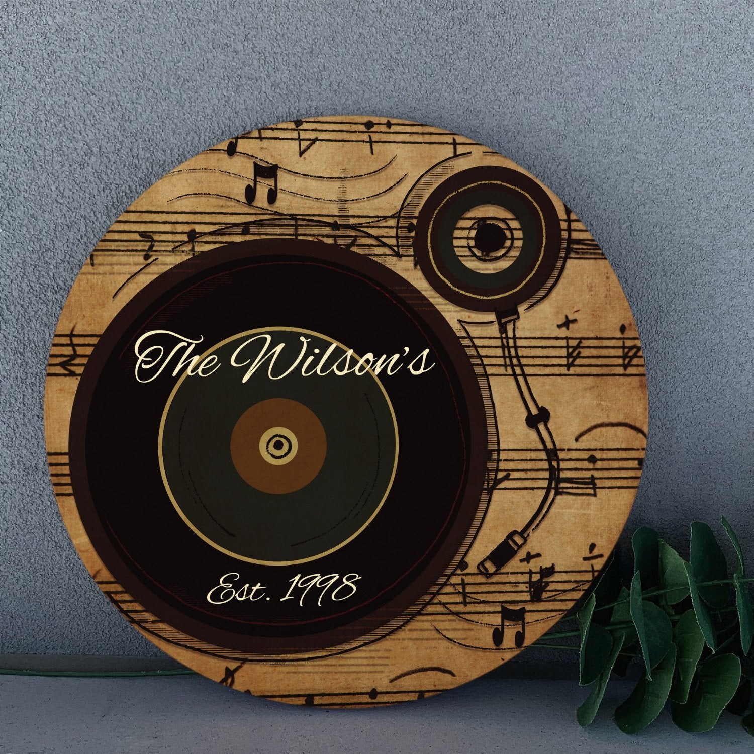 Custom Welcome Sign, Personalized Family Name And Text, Vinyl Record, Round Wood Sign