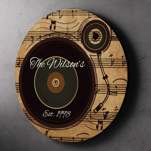 Custom Welcome Sign, Personalized Family Name And Text, Vinyl Record, Round Wood Sign
