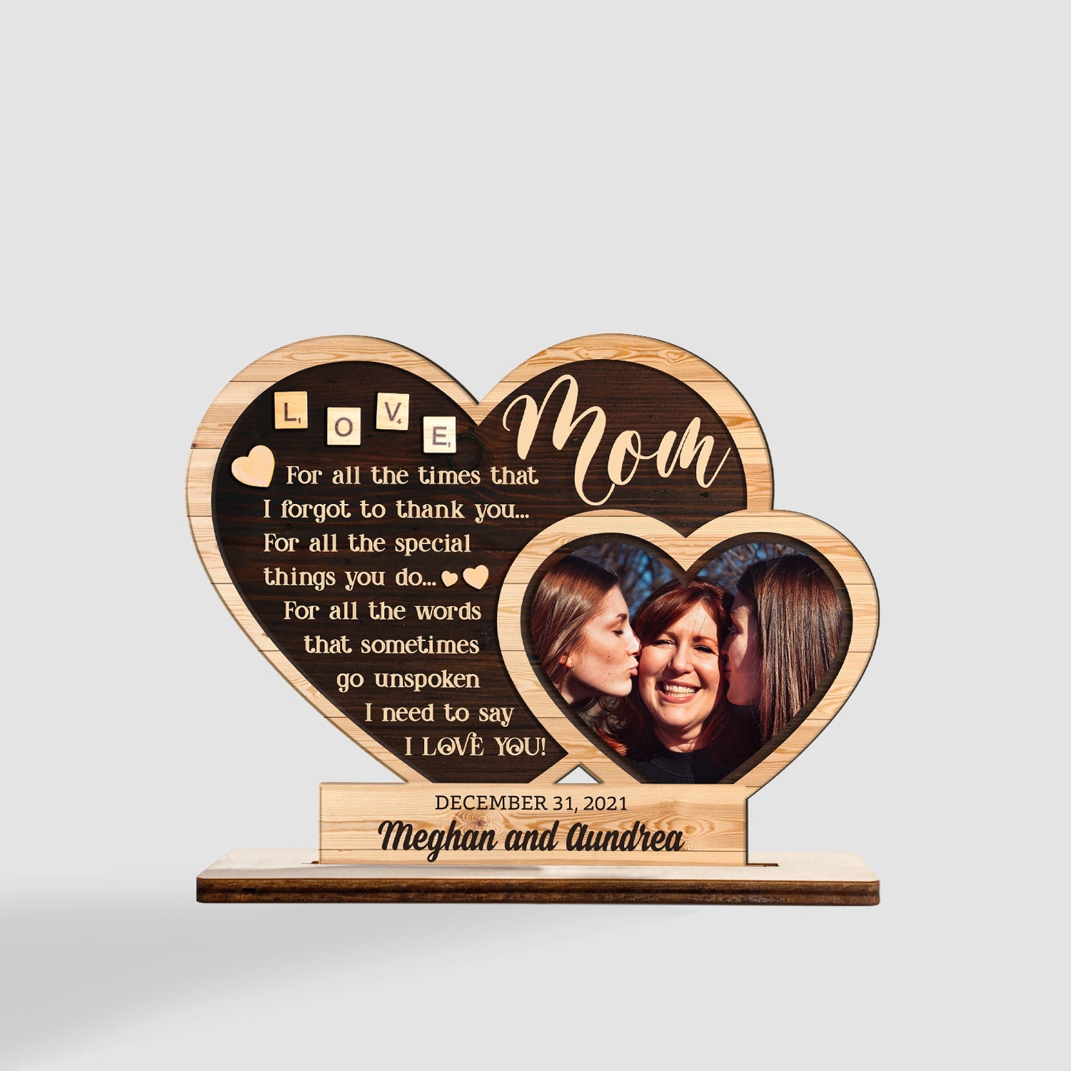 Custom Wooden Plaque 3 Layers, Personalized Photo And Name, Hearts Shape