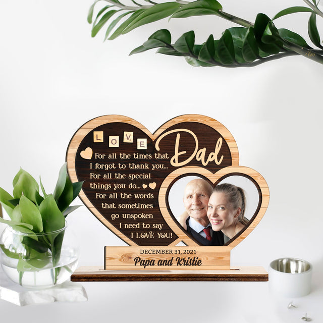 Custom Wooden Plaque 3 Layers, Personalized Photo And Name, Hearts Shape, Gift For Dad