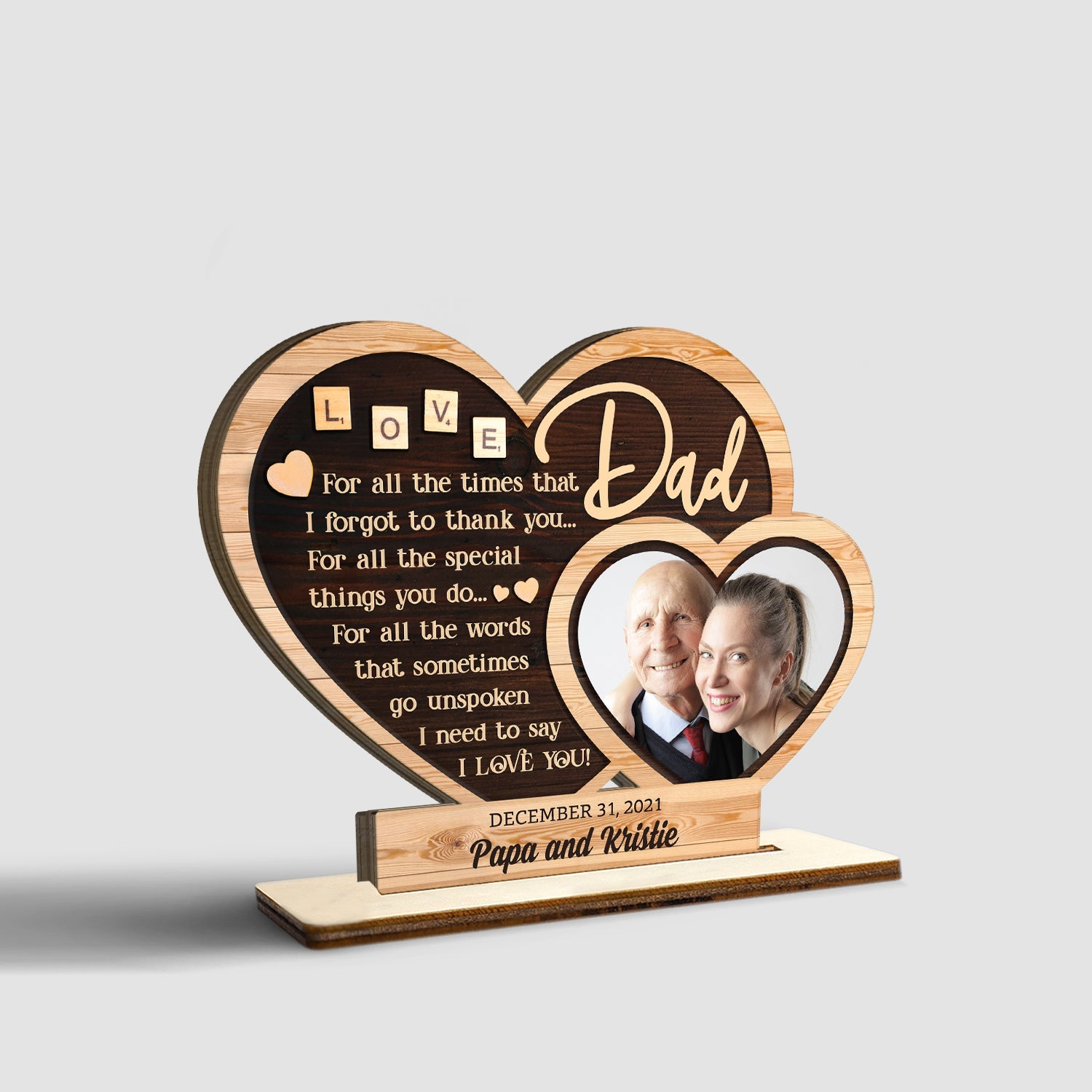 Custom Wooden Plaque 3 Layers, Personalized Photo And Name, Hearts Shape, Gift For Dad